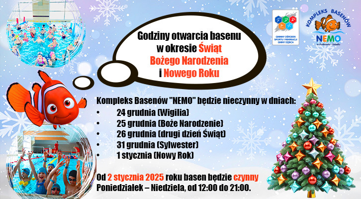 Informacja o godzinach otwarcia Kompleksu Basenów "NEMO" w Pustkowie-Osiedlu