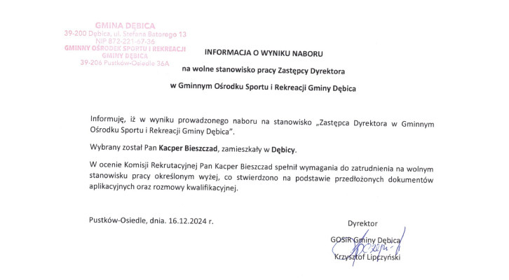 INFORMACJA O WYNIKU NABORU na wolne stanowisko pracy Zastępcy Dyrektora  w Gminnym Ośrodku Sportu i Rekreacji Gminy Dębica